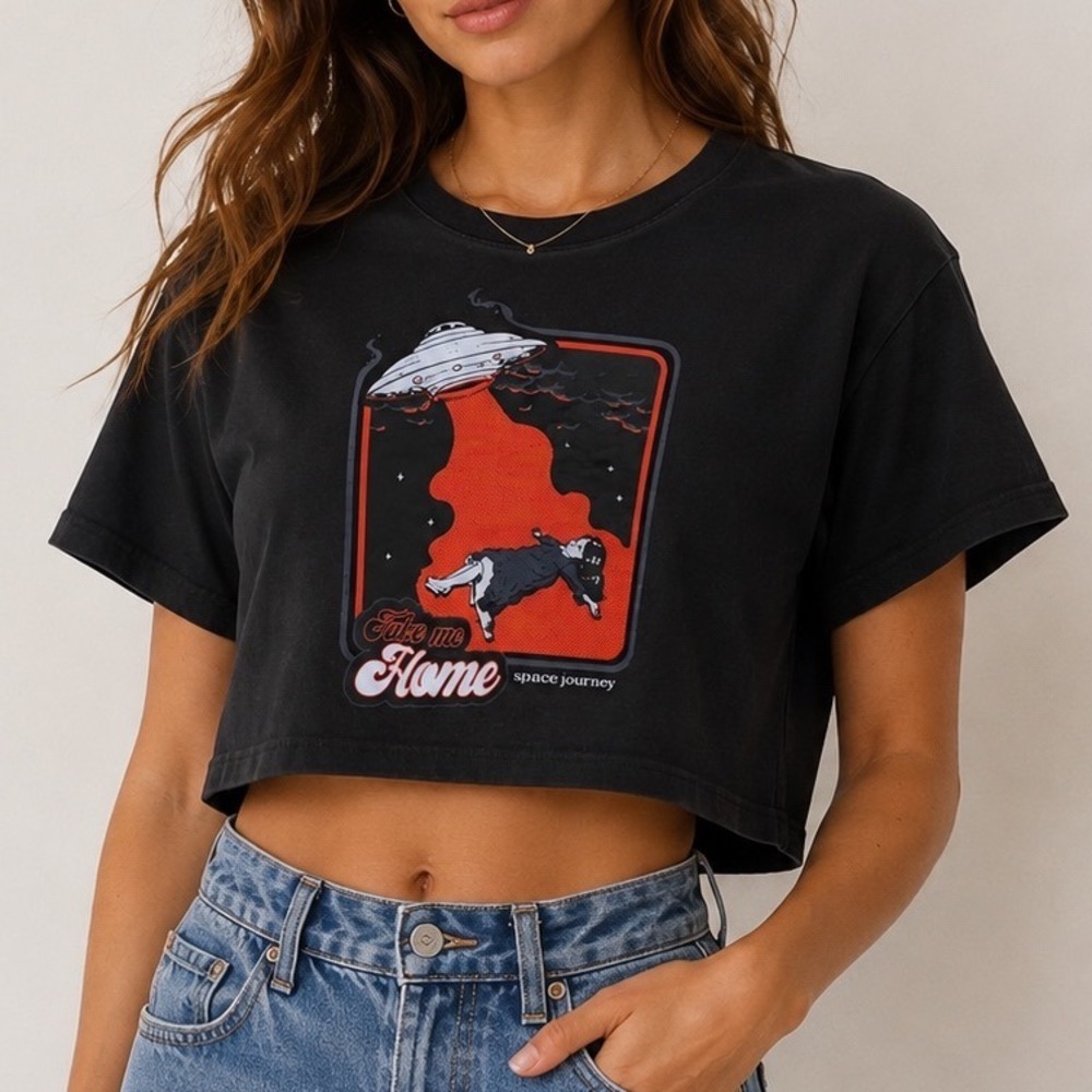 Black UFO Alien Graphic Crop Top Y2K Spacecore Baby Tee Grunge M UFO Alt Girl